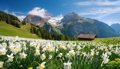 Wall Mural - landscape of field of wild narcissus narcissus poeticus in swiss alps saint legier la chiesaz vaud switzerland