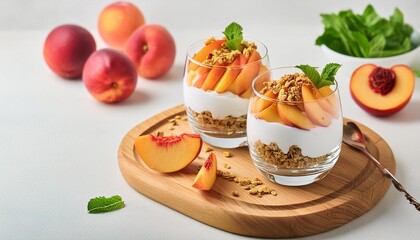 Canvas Print - greek yogurt parfait with peach and granola in a glass on a wooden board on a light background with fresh fruits