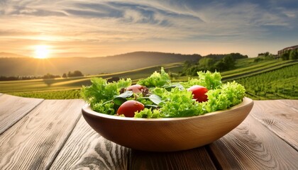 Canvas Print - rustic wooden salad bowl with fresh greens and vegetables on farmhouse table countryside view warm light