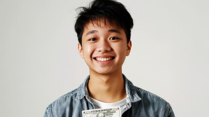 smiling asian boy showing off and holding dollar bills, isolated white background, male model