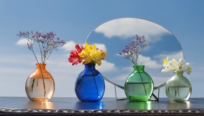 Poster - still life with flowers in glass colored vases mirror and blue sky