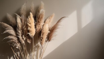 Poster - aesthetic minimalist sustainable neutral background dried pampas grass with soft blurry shadow on light beige wall