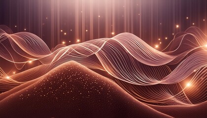 Poster - dark brown background digital signature with particles sparkling waves curtains and areas with deep depths the particles are golden light lines