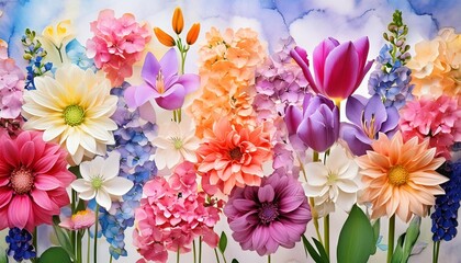 Wall Mural - watercolor collage of vibrant blooming flowers