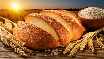 Canvas Print - whole wheat bread with sesame seeds on a wooden background