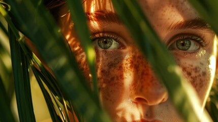 Poster - A woman with green eyes is standing in front of a green leafy plant. Generate AI image