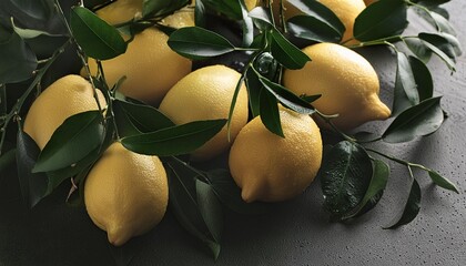 Canvas Print - fresh yellow ripe lemons with green leaves