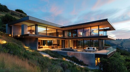 A contemporary hillside home with a cantilevered design, large glass panels, and panoramic views of the valley below.