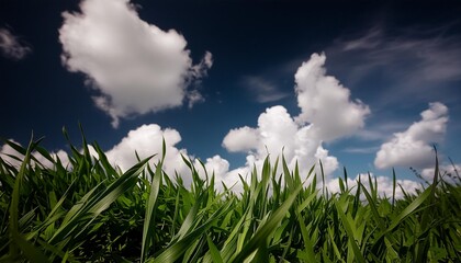 Wall Mural - a bright fresh sunny spring summer blue sky background with white fluffy clouds and lush green grass in the foreground