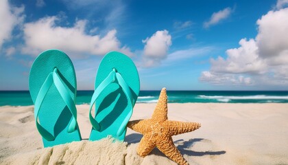 Poster - beautiful colorful background for summer beach holiday sunglasses starfish turquoise flip flops on sandy tropical beach against blue sky with clouds on bright sunny day