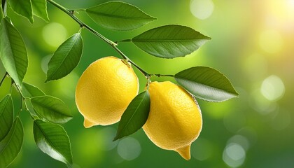 two lemons on a branch with green leaves