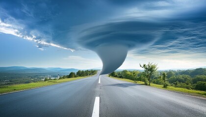 Poster - powerful huge tornado twisting on road