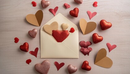 Poster - saint valentine day holiday background with envelope paper card and various red hearts for love romantic message flat lay composition