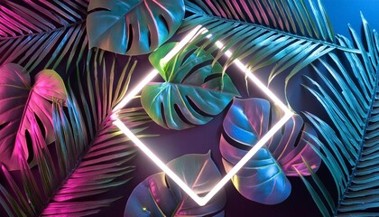 Sticker - creative fluorescent color layout made of tropical leaves with neon light square flat lay nature concept