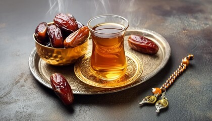 Sticker - ramadan food and drinks concept ramadan tea and dates fruits on dark background