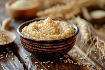 Poster - Closeup of delicious sesame paste in bowl on wooden table