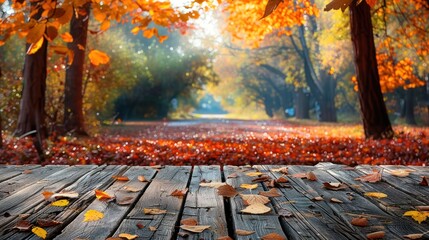 Wall Mural - Autumnal Forest Path with Wooden Plank