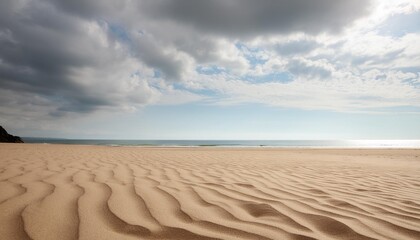 Poster - tranquil serene landscape featuring a wide empty sand beach adorned by a beautiful cloudy sky offering a perfect atmosphere for relaxation ample copy space image available for creative usage