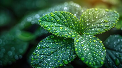 Wall Mural - Dew Drops on Green Leaves