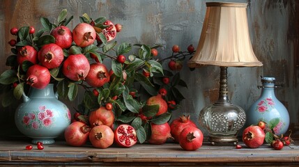 Canvas Print - Still Life with Pomegranates and a Lamp