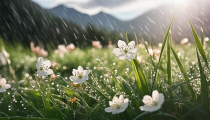 Poster - summer rain close up of grass and flowers with water drops