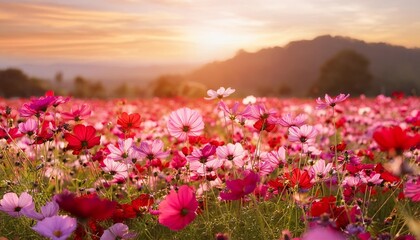 Poster - landscape nature background of beautiful pink and red cosmos flower field with sunset vintage color tone