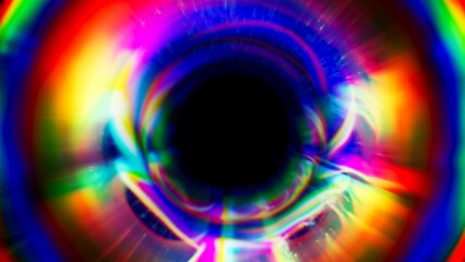 Colorful glowing prism spectrum light reflection of light inside the circular glass tunnel with place for your content. Abstract rainbow distortion refraction background for banner, poster or flyer