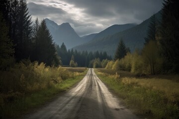 Beautiful  place with green scenery, mountain, tree, sky, road, cloud.AI generated image.
