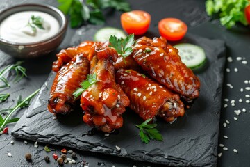 Sticker - Delicious buffalo wings in sauce with veggies and white cheese American meal