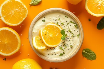 Sticker - Delicious food with tahini sauce on orange background