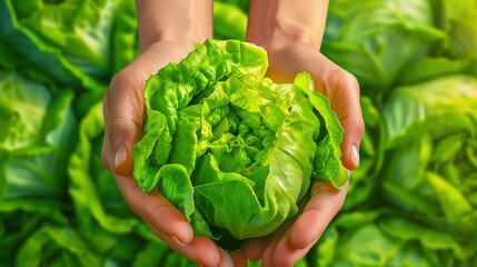 Wall Mural - Close-up of a person's hands holding fresh green lettuce against a background of more lettuce. Perfect for health and organic produce themes.