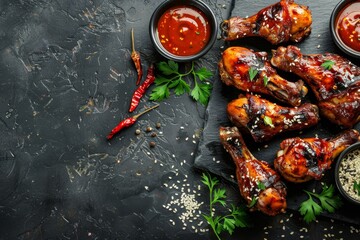 Canvas Print - Delicious spicy chicken legs with teriyaki sauce and sesame seeds on concrete background