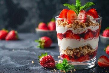 Poster - Delicious summer dessert in a glass with shortbread crumbs yogurt cream and strawberries