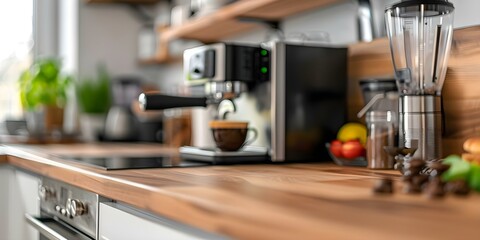 Contemporary kitchen with highend espresso machine wood cabinets and elegant decor. Concept Kitchen Design, High-End Appliances, Wood Cabinetry, Elegant Decor