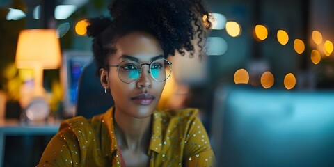 African American female IT developer working on computer in dimly lit office. Concept Technology, Diversity, Workplace, Computer, African American