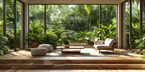 Sticker - Modern living room with natural wood floors, abundant greenery, and comfortable seating. Concept Modern Design, Natural Elements, Greenery, Comfortable Seating, Wood Flooring