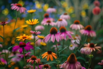 Poster - Echinacea city s bright flower garden in full bloom