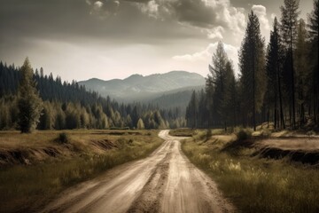 Beautiful  place with green scenery, mountain, tree, sky, road, cloud.AI generated image.
