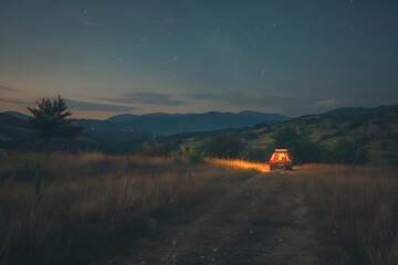 Wall Mural - Night camping adventure with a car under the stars in a serene mountainous landscape.