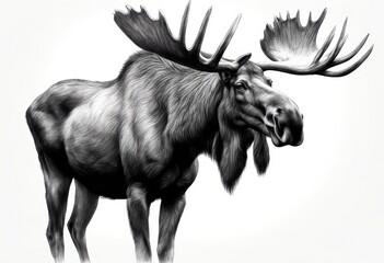 Wall Mural - big moose olated pencil standing background sketch wild cervid animal huge elk