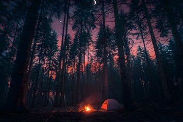 Wall Mural - A serene camping scene with a tent and campfire under a starlit sky in a dense forest.