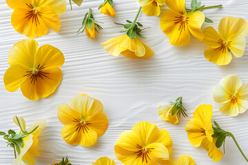 Wall Mural - floral flatlays with yellow pansies on white background ai generated