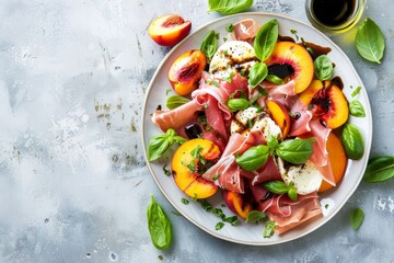 Canvas Print - Fresh gourmet salad with grilled peach mozzarella prosciutto basil olive oil and balsamic on white stone background