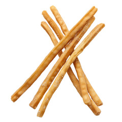 A pile of crispy breadsticks lightly salted, displayed against a white background, perfect for snacks or appetizers