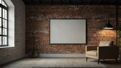 Wall Mural - Blank white frame in loft interior near brick wall mockup