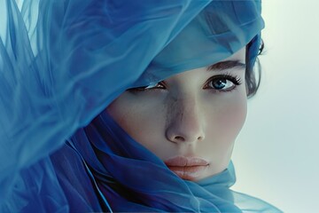 Canvas Print - A woman is wearing a blue scarf and looking at the camera