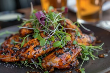 Wall Mural - Grilled chicken wings with homemade Sriracha sauce fresh microgreens and cold beer available