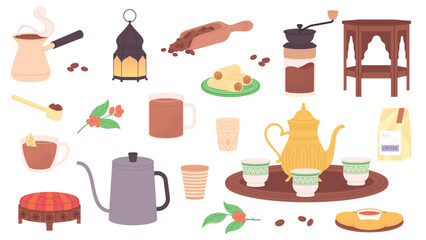 Wall Mural - Oriental style coffee break. Cups and beans, branches and wooden decorative table. Arabic furniture and crockery, drinking time vector elements