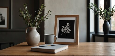 Wall Mural - Breakfast still life. Cup of coffee, books and empty frame mockup on wooden desk, table. Vase with olive branches. Elegant working space, home office concept. Scandinavian interior design