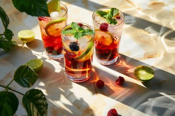 Sticker - Hibiscus and berries tea with mint citrus ice in the sun trendy style with artistic shadows